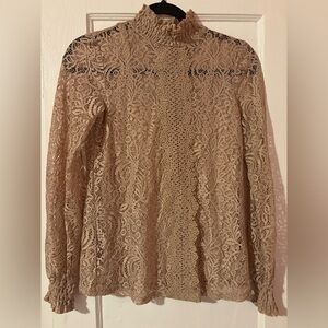 Cable & Gauge Lace Mock Neck Blouse Beige Long Sleeve XS